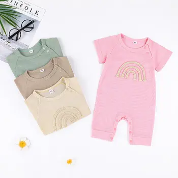 Лято новородено бебе гащеризон замърсен цвят дъга дрехи момиче ританки памук къс ръкав О-образно деколте бебе момчета 0-18M