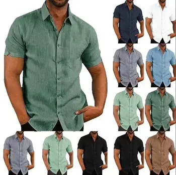 Лято памучно бельо гореща продажба мъже къси ръкави ризи плътен цвят изправи яка случайни плаж стил плюс размермъжки ризи върховете