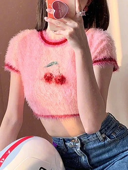 Лято розово сладък върховете жени корейски мода плюшени череша модел трикотажни Crop отгоре O врата къс ръкав прекрасен сладко момиче тениска