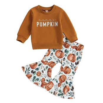 Малко дете бебе момиче Хелоуин облекло дълъг ръкав ризи тиква суитчър Bell-дъното панталони комплекти сладък есенни дрехи