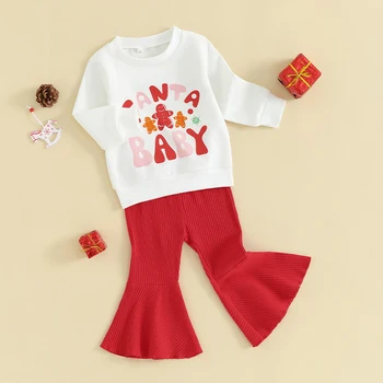 Малко дете бебе момичета Коледа облекло малко дете дълъг ръкав Дядо Коледа пуловер сладък разкроени панталони дрехи комплект