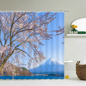 Миещи се завеси за душ Fuji Mountain Cherry Blossoms Природа 3D водоустойчив плат Баня Голям 240X180 печат душ завеса