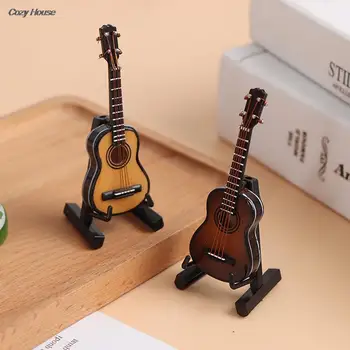 Мини китара модел миниатюрна китара модел реплика със стойка и калъф мини музикален инструмент орнаменти кукла