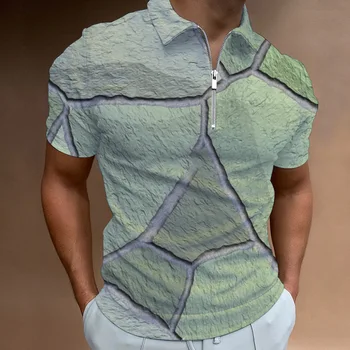 Мода мъжки поло риза 3d печат райе тениска случайни цип къс ръкав върховете високо качество лятото поло ризи мъжки дрехи