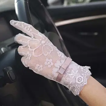 Мода слънцезащитен китката цвете лък дама дантела шофиране жени тънки ръкавици пет пръста ръкавици сензорен екран ръкавици дантела ръкавица