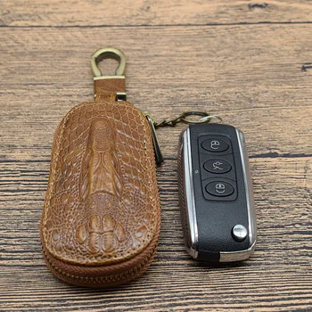Модерен горен слой телешка масло восък кола ключ случай за мъжки ретро крокодил модел ключ случай естествена кожа