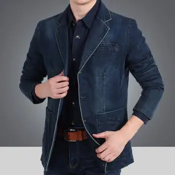 Модерен костюм яке ревера еднореден мъжки тънък годни чист цвят дънково яке