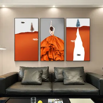 Модерна секси дама платно плакати пейзажна живопис печат стена оранжеви картини за хол спалня пътека уникален домашен декор