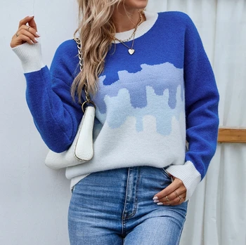 Модни дамски пуловери 2023 Есен/зима Нов случаен пуловер с кръгло деколте плетен контрастен пуловер Дамско облекло Елегантно пътуване до работното място