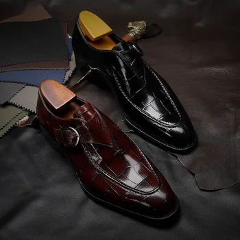 Модни кожени обувки мъжки плътен цвят заострена катарама Старши смисъл сватба Oxfords Бизнес офис обувки Chaussure Homme