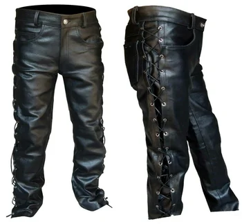 Модни мъжки кожени панталони Локомотив пънк стил панталони за мъже зимни мъжки панталони средновековни ретро превръзка черни панталони
