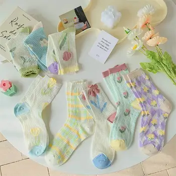 Модни сладки цветни чорапи кухи сладки чорапи случайни летни флорални лалета жени момичета еластични тънки мрежи средни тръбни чорапи