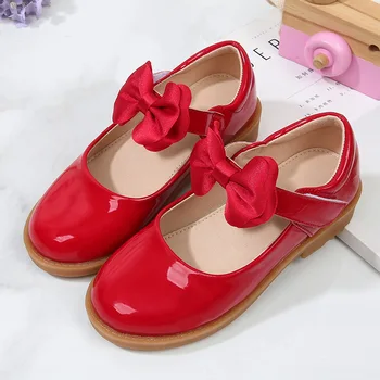 Момичета кожени обувки за парти сватба меки деца принцеса Мери Джейнс обувки с лък прости неплъзгащи се детски обувки