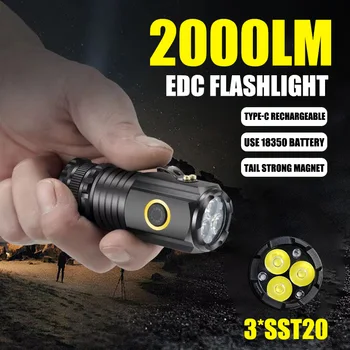  Мощно преносимо мини LED фенерче 2000LM 3LED ултра силна светлина 18350 вградена батерия USB акумулаторна с магнитна горелка