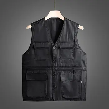 Мъжки жилетки без ръкави пролетна мода мулти-джобове v-образно деколте бутон нагоре улично облекло тийнейджъри Harajuku якета мъжки жилетки Q06