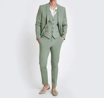 Мъжки костюми Светло зелено Сватбен смокинг костюм Slim Fit Стилен парти облекло Младоженец Абитуриентски костюм за вечеря Man Blazer (Яке + панталони + жилетка)
