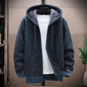 Мъжко палто зимно плюшено облицовано пуловер палто с качулка шнур дълъг ръкав джобове цип фуста топло трикотажно яке топло