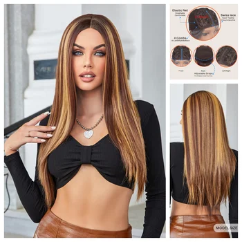 Най-продавани жени средно дължина права коса трицветен градиент синтетична перука за ежедневно носене градиент кафява перука