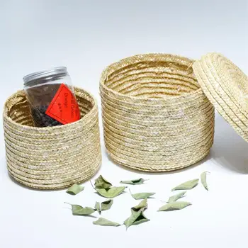 Настолна козметика Кошница за съхранение Ръчно изработена трева тъкана кошница за съхранение Кръгла кутия за съхранение на домакинството Кошници за пране на подаръци