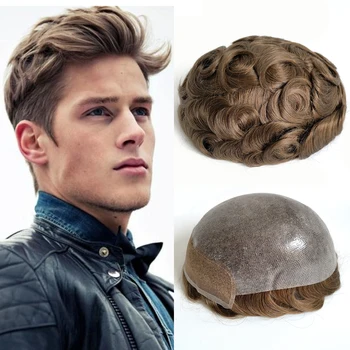 Нов стил коса мъже Toupee в наличност френски швейцарски дантела с Pu Toupee евтини за Mem на едро естествена човешка коса Toupee за мъже