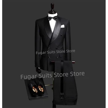 Нов черен сватбен мъжки костюм Slim Fit лъскав шал ревера двуреден младоженец смокинги 2 бр. Бизнес мъжки блейзър Terno Masculino
