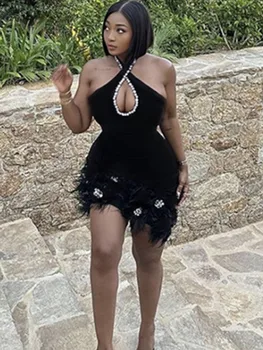 Нов черен цвят жени секси бек оглавник пера Bodycon мини превръзка рокля кристал нощен клуб парти коктейл рокля