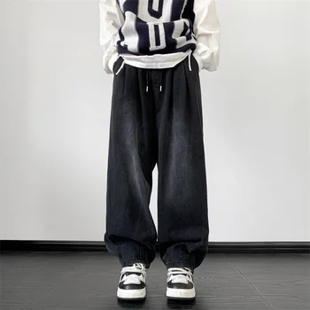Нова корейска мода 2024 Деним класически хлабав дълъг широк крак панталони дънки улица плътен цвят хип-хоп бикини облекло Y165