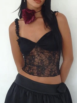 Нова мода дамски лятна мода Cami върхове черен без ръкави отворен гръб дантела флорални изрязани жилетка кожата приятелски гореща продажба S M L