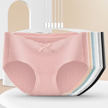 Нова мода секси резбовани памучни бикини Жените в средата на талията удобни разрошени ивици дишаща памук