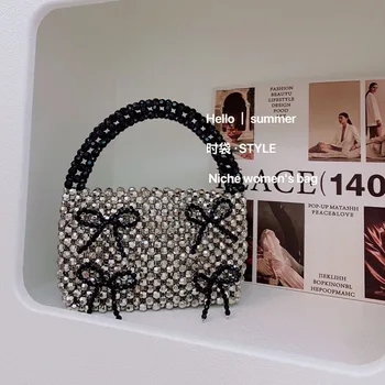 Нова мода Черно сребро Beaded тъкани дамски чанти ретро тенденция лък дизайн малък квадрат чанта персонализирани универсален парти чанта