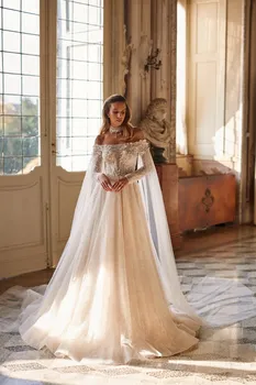 Нова персонализирана линия сватбени рокли от рамото нос ръкави сватбена рокля обезкостяване апликации дантела булката рокли vestidos de novia