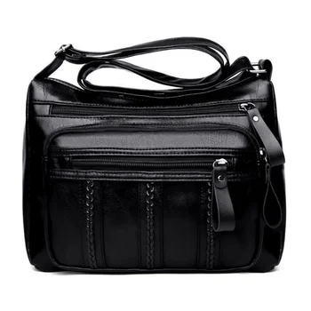 Нови дамски чанти PU едно рамо пратеник чанта мека повърхност цип жени crossbody прост разкошен черен пазаруване чанти