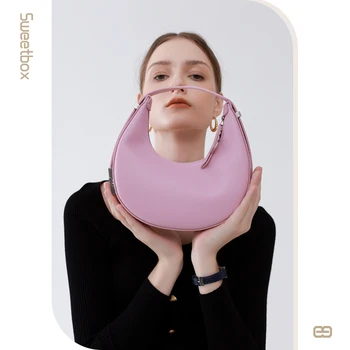Нови жени женски сплит кожа елегантен Луната дизайн подмишниците дама луксозен рамо чанта полу-кръгла китката чанта лято