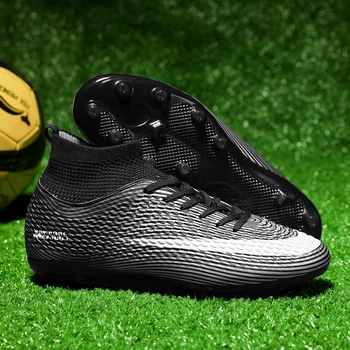  Нови футболни обувки с висок глезен Дълги шипове FG / TF Ултра леки тренировъчни клинове Футзал маратонки Деца устойчиви на износване глезени