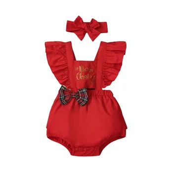 Новородено бебе момиче Коледа облекло къдрици без ръкави писмо печат тирантина гащеризон лента за глава 2бр комплект