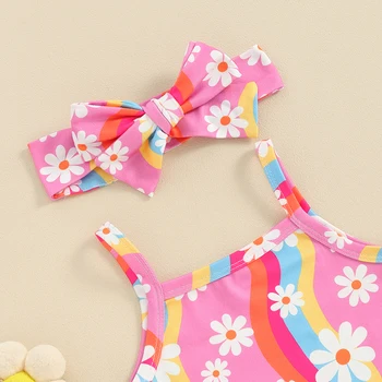 Новородено бебе момичета дрехи комплекти цветен печат без ръкави бодита къдри шнур летни шорти лента за глава