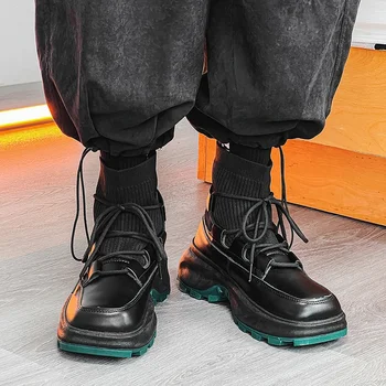 Обувки за мъже 2023 Марка Зимни мъжки ботуши Основни боти до глезена Мъжки квадратни пръсти плетена дантела нагоре плоски с платформа мъжки обувки