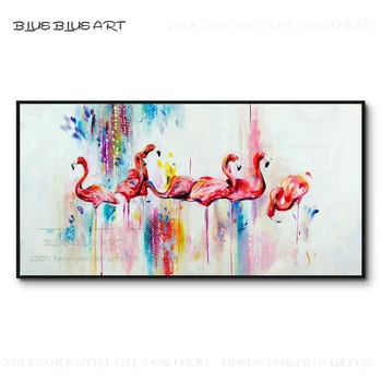 Отличен художник ръчно рисувани висококачествени животински птици фламинго маслена живопис върху платно богати цветове абстрактно фламинго живопис