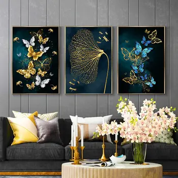 Пеперуда водно конче цвете картина платно живопис стена изкуство абстрактно злато синьо плакат и печат модерен луксозен домашен декор
