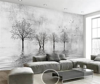 Персонализирана домашна фонова стена 3d тапет нов китайски абстрактен черно-бяло дърво вода отражение фотоживопис