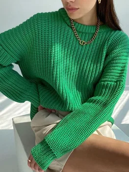 Плетена есен дамски пуловер O врата дълъг ръкав твърди дамски джъмпер извънгабаритни случайни мода зелена жена блуза 2023