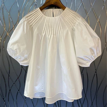 Плисирана бяла дамска блуза Летен нов дизайн 2023 фенер ръкав хлабав твърд елегантен женски дърпа върховете