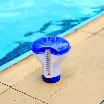 Плувен басейн плаващи хапчета дезинфекцираща кутия с термометър Автоматичен дозатор за лекарства за хапче таблетка случай ДРОПШИПИНГ