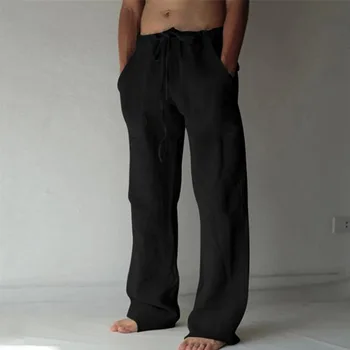 плътен цвят памук бельо мъже панталони минималистичен основен случайни шнур панталони тънък плюс размер хлабав прав крак панталон