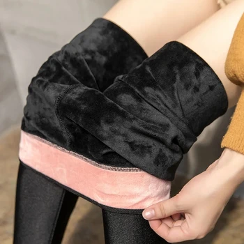 Плюшени зимни топли клинове Секси високо сгъстяване дами на открито черни гланцови панталони с висока талия кльощави панталони за жени гамаши