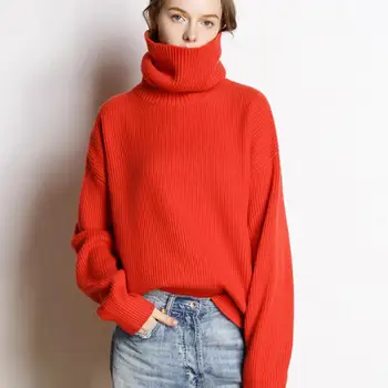 Поло оребрени пуловер пуловер ретро есен зима случайни хлабав извънгабаритни дама трикотажни пуловер отгоре пуловер отгоре издърпайте femme