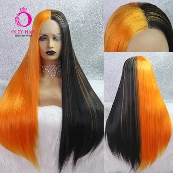 Половин оранжева половин черна перука без лепило синтетична 13x4 дантела предна перука Mango Swirl дълги прави косплей перуки за жени 180 Плътност