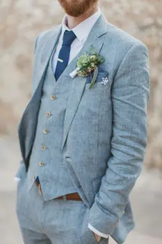 Последни палто Pant дизайни светло синьо бельо сватбени костюми за мъже тънък годни младоженец нетактичност потребителски стил яке 3 парче Tuxedo Ternos