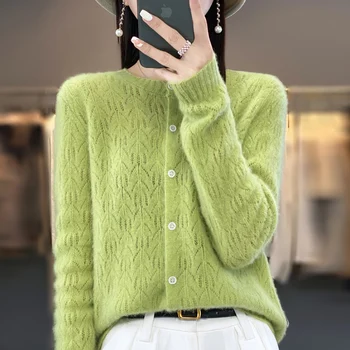 Пролет и лято нова 100% чиста вълнена жилетка женски листа кухо плетене тънка жилетка пуловер моден връх.