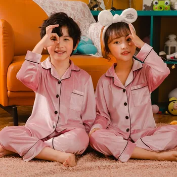 Пролетна и есенна детска пижама: детска пижама с дълъг ръкав имитация на коприна плътен цвят корейски момчета тънък домашен комплект